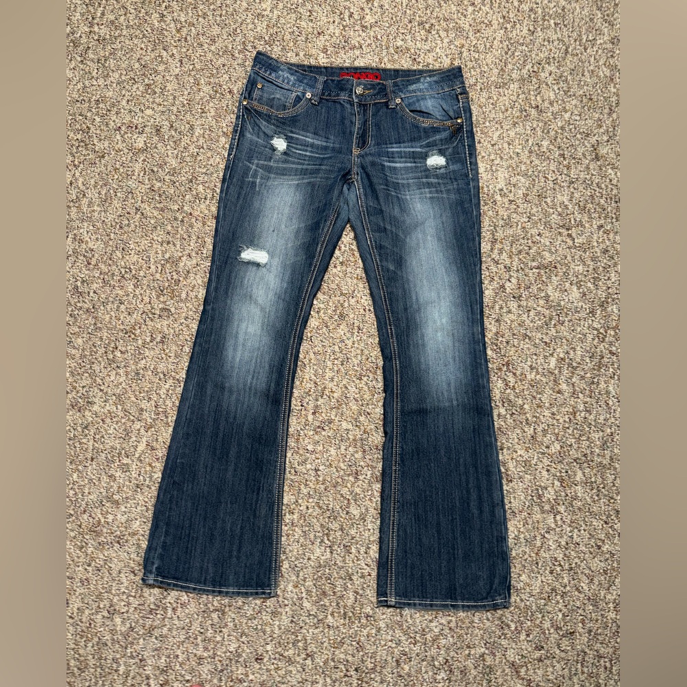 Vintage Women's juniors size 13 BONGO Dark Blue flare‎ Jeans distressed Y2K